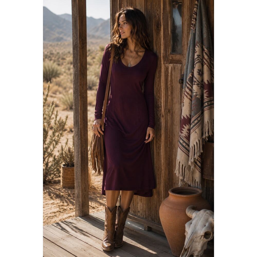 Peruvian Connection Purple Burgundy Long Sleeve Midi Dress Size Medium